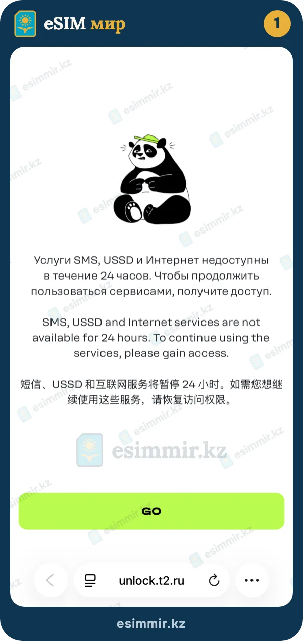 Страница оператора T2 unlock.t2.ru: SMS, USSD и интернет недоступны 24 часа, кнопка GO открывает доступ